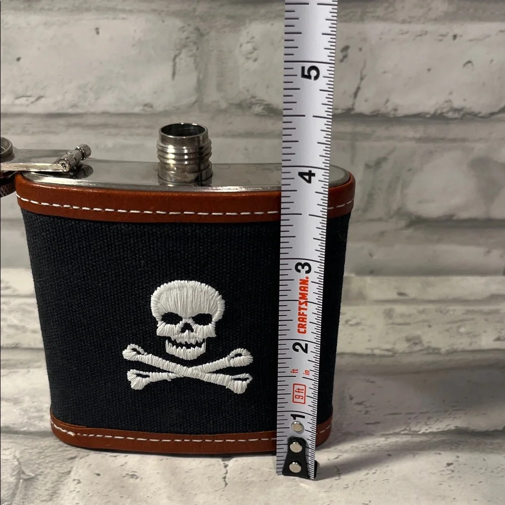 JT Spencer Black Skull & Crossbones Hip Flask with Brown Trim liquor